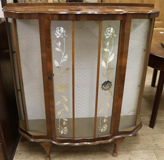 A 1950s walnut display cabinet, W.3ft 5in.
